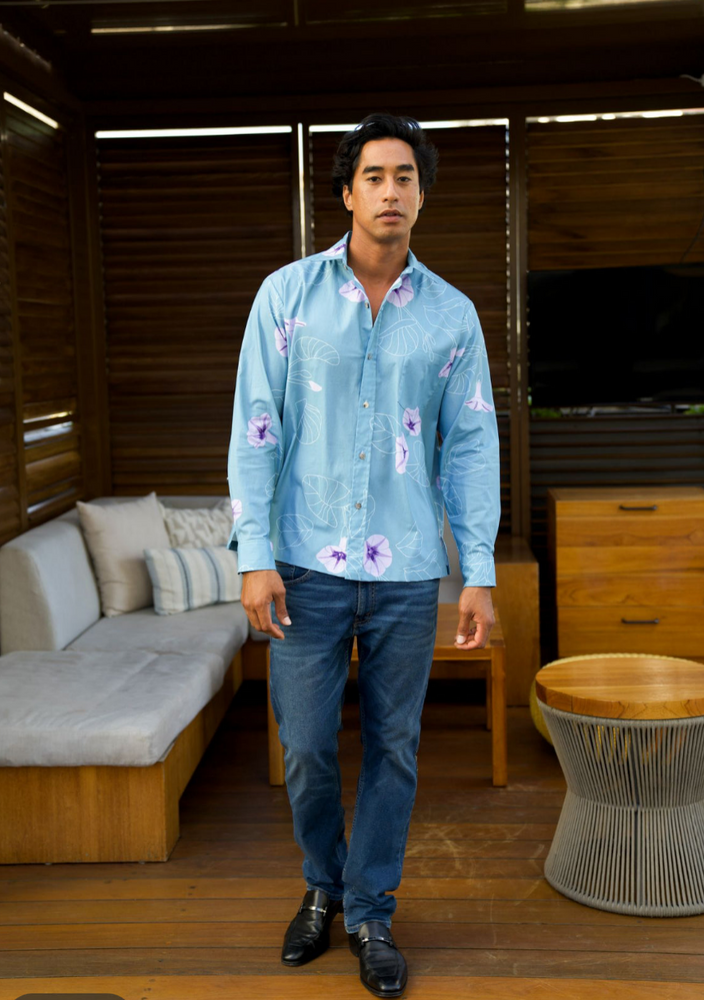 Longsleeve Aloha Shirt - Pōhuehue Light Blue